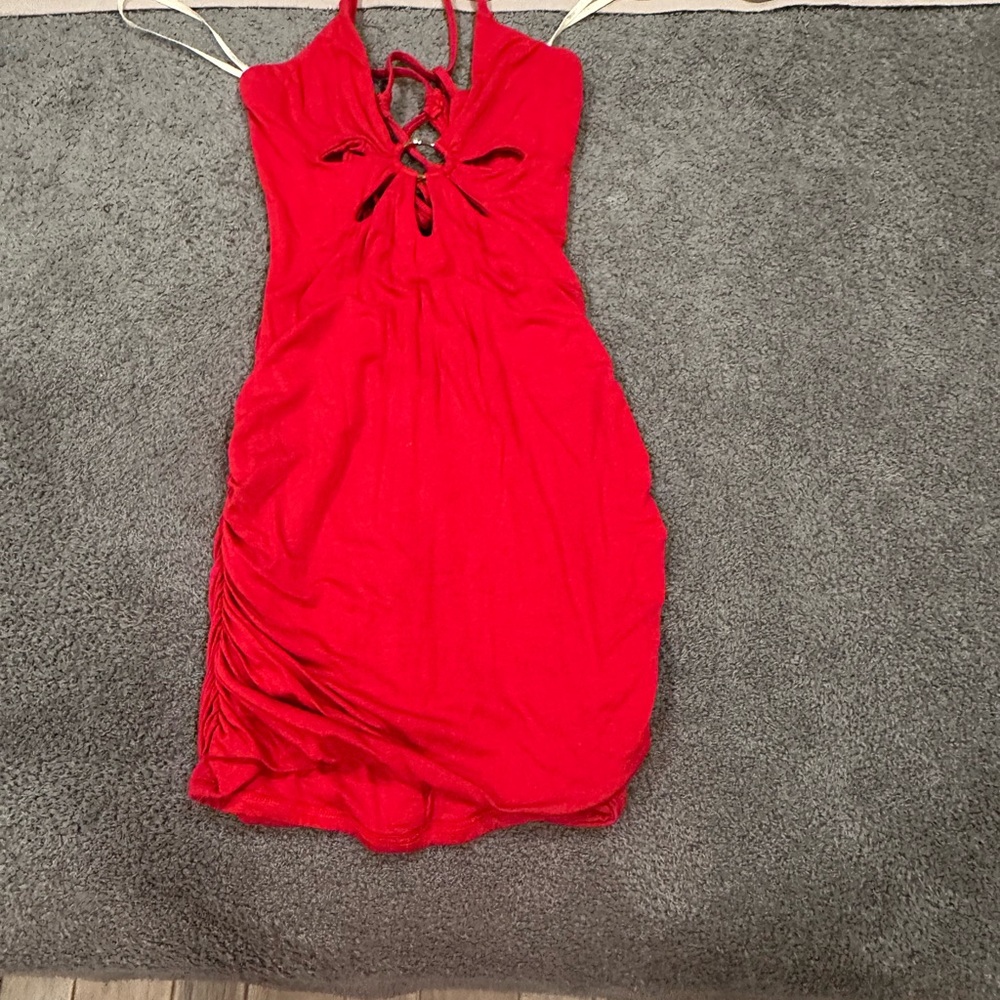 Sky Red Ruched Halter Mini Dress